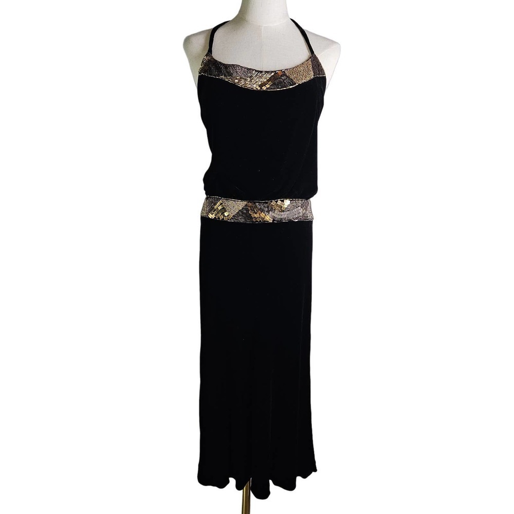 WD.NY Velour Beaded Dress 14 Black Gold Halter Tie‎ Gown Velvet Flapper
